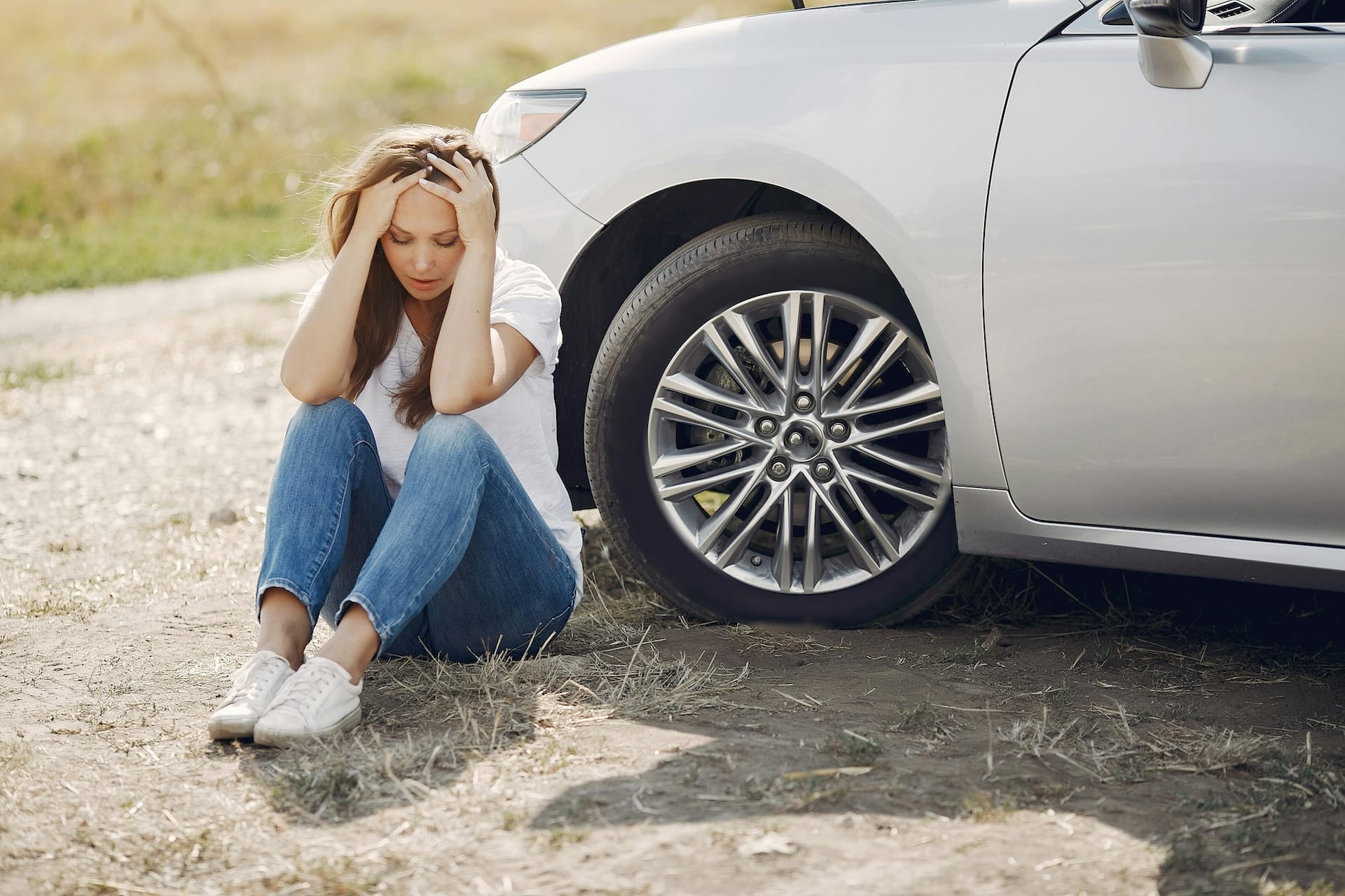 Woman sitting in front of her vehicle with her head in her hands, looking defeated